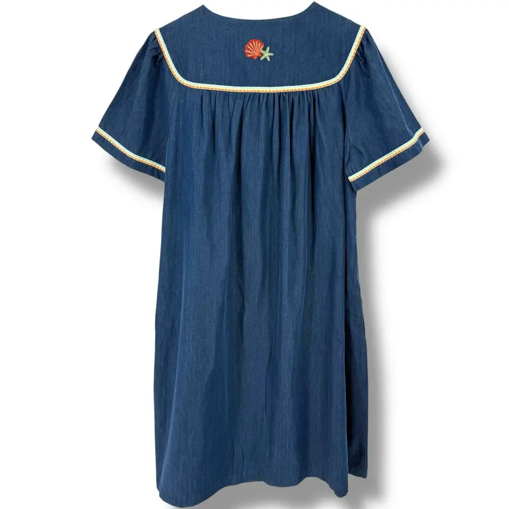 Go Softly Denim Embroidered Turtle Shell Patio Dress Sz XL Sea Life Full Zip - Picture 6 of 10